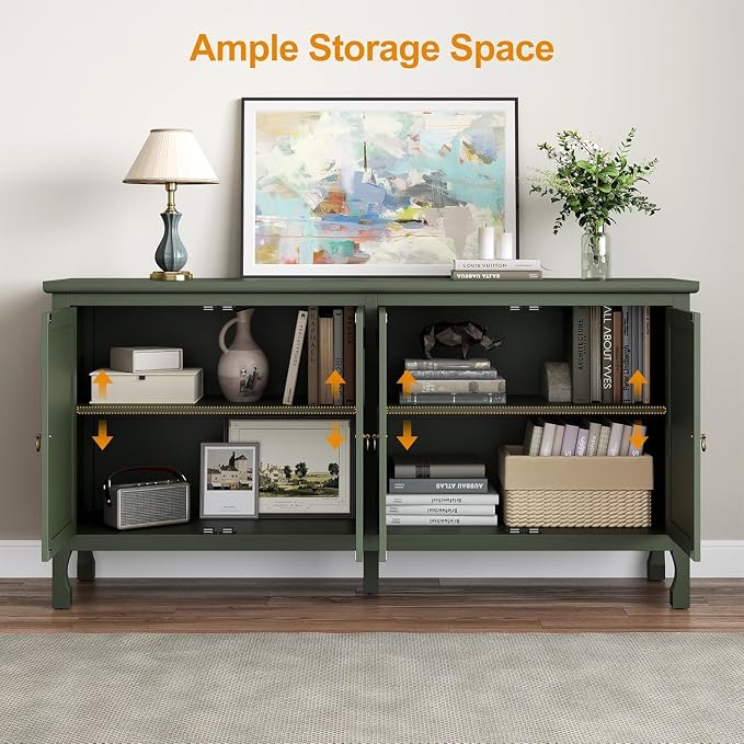 RoyalCraft 63'' Buffet Cabinet with Mirror Butterfly Carved Door, Sideboard Cabinet with Adjustable Shelves, Vintage Accent Credenza Media Console for Entryway, Kitchen, Forest Green