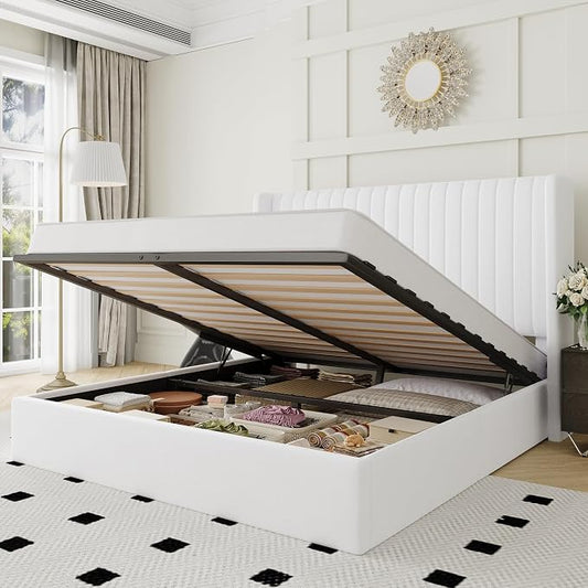 Allewie Queen Size Lift Up Storage Bed Frame, Hydraulic Support System, Upholstered Platform Bed Frame, Underneath Storage, Vertical Channel Tufted Headboard with Wingback, No Box Spring Needed, White