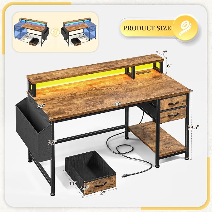 DurayLoly 40" Small Gaming Desk with Remote Control RGB Light for Teen Gamer,10m Full-Color Strip with Wireless Remote,20 Dynamic & 20 Lighting Modes, Effortless Control to Level Up Your Gaming Vibe
