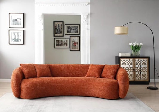 KEIKI 103" Boucle Half Moon Curved Sectional Sofa with 4 Throw Pillows, Modern Style 5-Seater Teddy Fleece Leisure Couch with Curved Backrest, Easy Assembly, for Living Room, Bedroom, Orange
