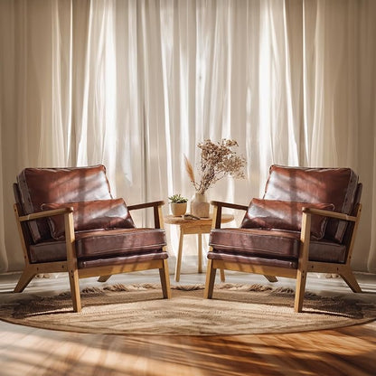 VINGLI Solid Wood Wide Armrests Accent Chair Set of 2,Upholstered Mid Century Modern Chair with Pillow,Farmhouse Arm Chair Comfy Reading Chair,Chairs Living Room,Bedroom,Guest Room,PU Leather,Brown