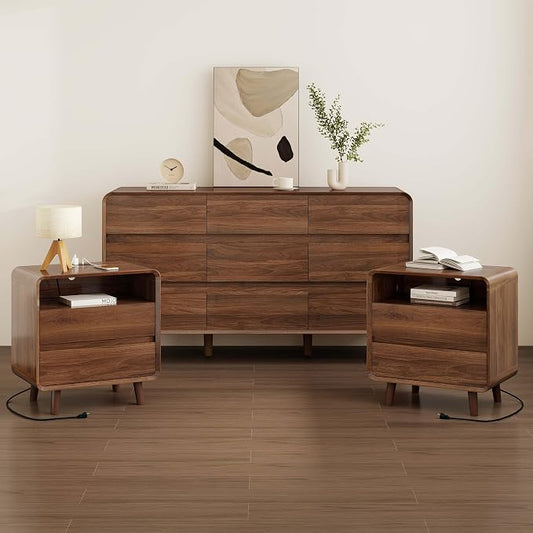 Nasonet Dresser and Nightstand Sets 3 Piece, Mid Century Modern 9 Drawer Dresser and 2 Drawer Night Stand Set 2, Wooden Chest of Drawers Bedroom Furniture Set, Walnut
