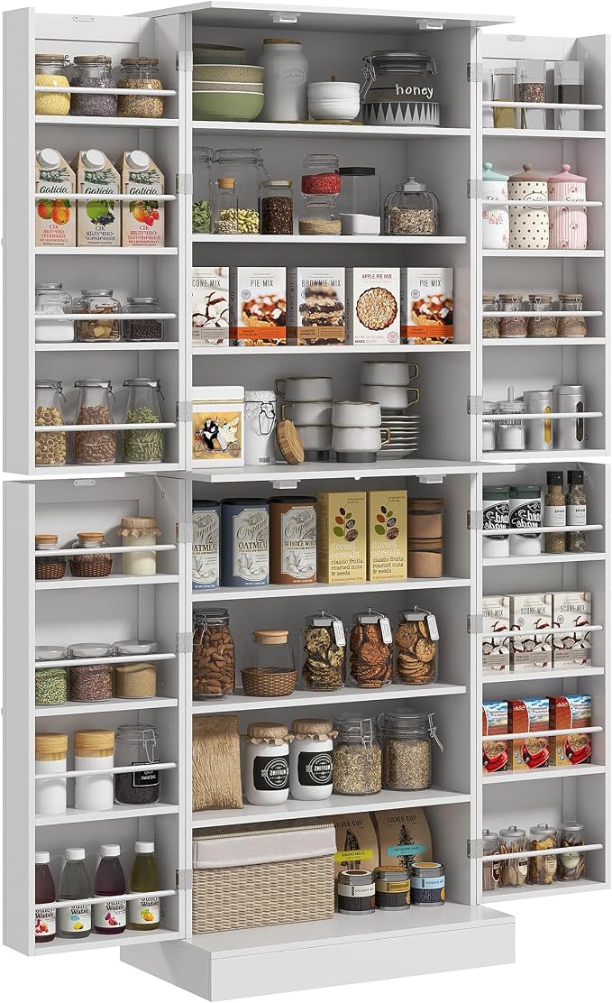 HOMCOM 65" Kitchen Pantry Storage Cabinet, Freestanding Kitchen Cabinet with 16 Door Shelves, Double Doors, 8-Tier Shelving and Adjustable Shelves, White