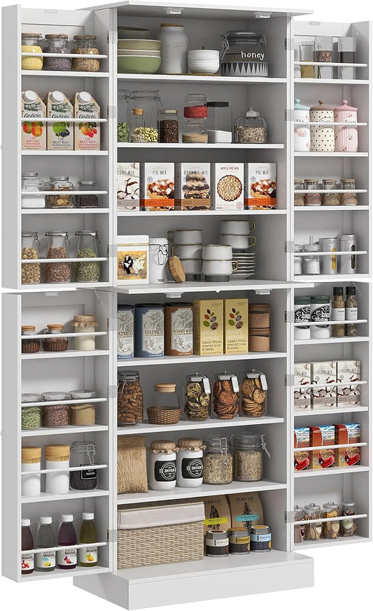 HOMCOM 65" Kitchen Pantry Storage Cabinet, Freestanding Kitchen Cabinet with 16 Door Shelves, Double Doors, 8-Tier Shelving and Adjustable Shelves, White