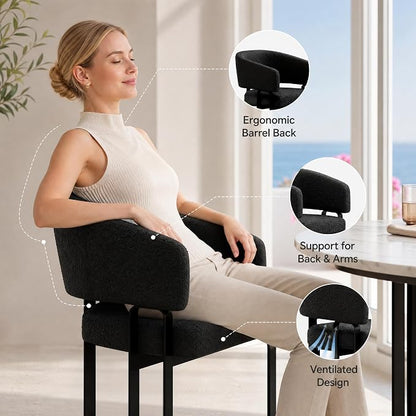 Modern Barrel Dining Chair, Black Boucle Kitchen Chair with U-Shaped Stainless Steel Legs, Armchair with Open Back for Living Room Bedroom Makeup Room, Set of 5