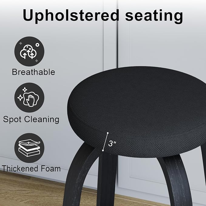 Bar Stools Set of 2, Counter Height Backless Bar Stools, 30" Swivel Barstools Kitchen Chair with Upholstered Fabric Seat, All Black