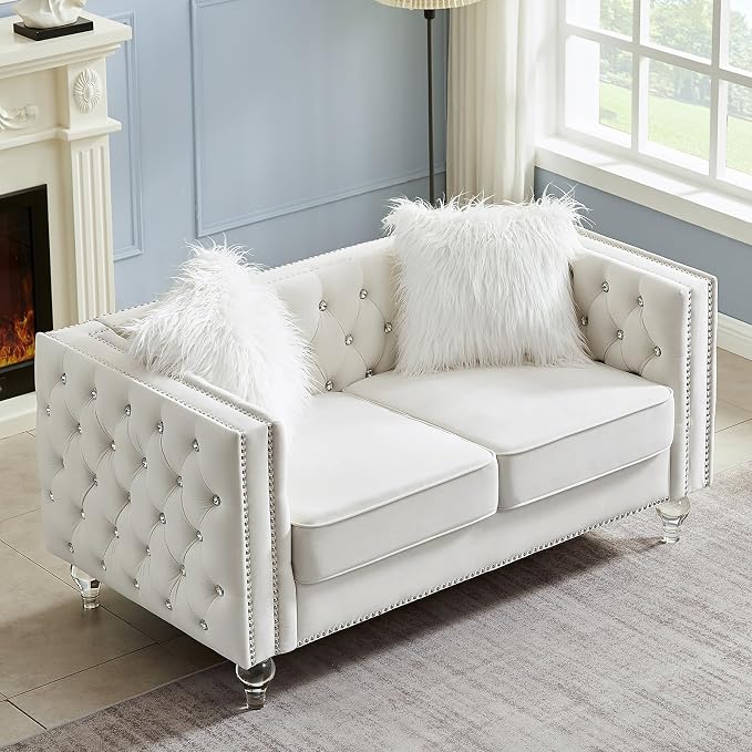 60" Chesterfield Sofa, Velvet Mid-Century Modern Upholstered Loveseat Sofa with 2 Throw Pillows and Acrylic Legs, Nailhead Button Tufted Vintage Couch for Living Room, Apartment, Beige