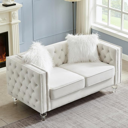 60" Chesterfield Sofa, Velvet Mid-Century Modern Upholstered Loveseat Sofa with 2 Throw Pillows and Acrylic Legs, Nailhead Button Tufted Vintage Couch for Living Room, Apartment, Beige