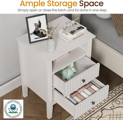 RoyalCraft White Nightstand with Charging Station, Fluted Night Stand for Bedroom, Small Sofa Table with 2 Storage Drawers Cabinet, Wood End Table for Bedroom
