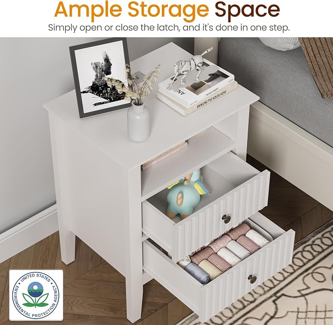 RoyalCraft Fluted Nightstand Set of 2 with Charging Station, White End Table with 2 Silent Slide Drawers & Storage Shelf, Modern Side Table, Wood Night Stand Cabinet for Bedroom