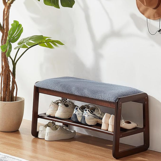 Achicsofar Shoe Rack Bench,2 Tier Solid Wooden Entryway Bench with Shoe Storage, Shoe Rack with Cushion for Living Room, Hallway(Grayish Blue, 31.5")
