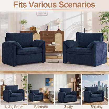 Oversized Accent Chair for Living Room, 41.73" Modern Armchair Set of 2 with Deep Seat, Mid-Century Comfy Reading Chair with Padded Arms, Large Chenille Single Sofa Chairs for Bedroom, Blue
