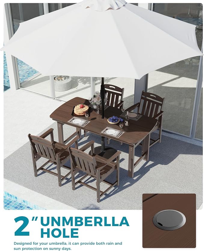 Ciokea HDPE Outdoor Dining Set, 5-Piece Patio Table and Chairs Set with Umbrella Hole, All-Weather Patio Dining Sets for 4, Durable Patio Furniture for Backyard, Garden, Lawn & Poolside, Brown