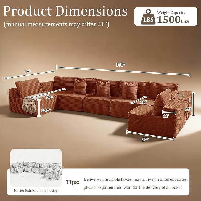 168" Cloud Sectional Couch, Comfort U Shaped Sofa for Living Room, Extra Deep Seats No Assembly, Minimalist Modular Couch, Corduroy (Deep Orange, 7 Seats,U-Shape B)