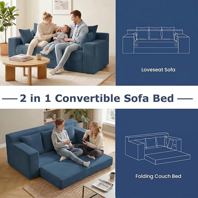 Boneless Couch for Living Room, 3 Seater Convertible Futon Sofa Bed Comfy Pull Out Couch with 5 Pillows & Detachable Washable Cover, Upholstered Floor Sofa in A Box, No Assembly Required, Blue