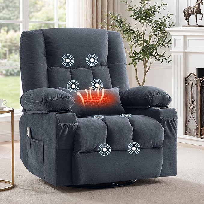 Swivel Recliner Chair for Adults with Vibration Massage and Lumbar Heat , Oversized Ergonomic Rocking Chair for Living Room and Bedroom, Featuring Side Pocket, 2 Cup Holders & USB Charge Port