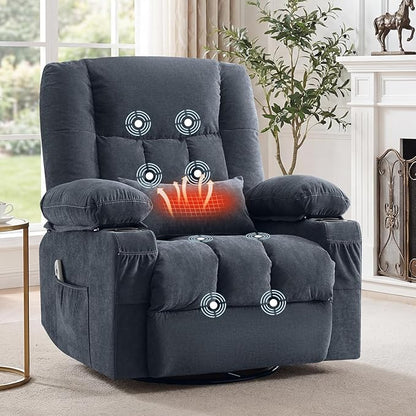 Swivel Recliner Chair for Adults with Vibration Massage and Lumbar Heat , Oversized Ergonomic Rocking Chair for Living Room and Bedroom, Featuring Side Pocket, 2 Cup Holders & USB Charge Port