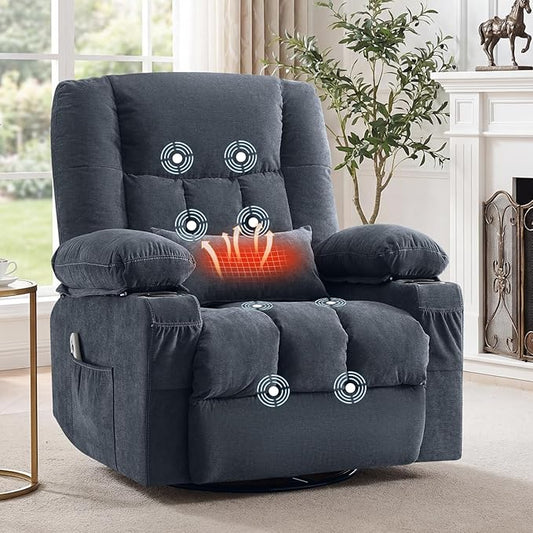 Swivel Recliner Chair for Adults with Vibration Massage and Lumbar Heat , Oversized Ergonomic Rocking Chair for Living Room and Bedroom, Featuring Side Pocket, 2 Cup Holders & USB Charge Port