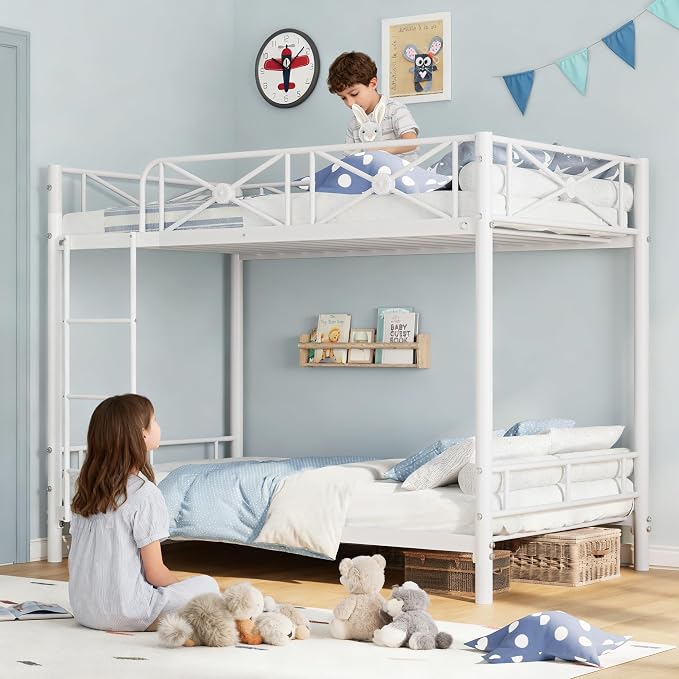 Garvee Metal Bunk Bed Twin Over Twin, Industrial Bunkbeds Heavy Duty Bed with Safety Guard Rails and Space-Saving Design, Steel Bed for School, Bedroom, White