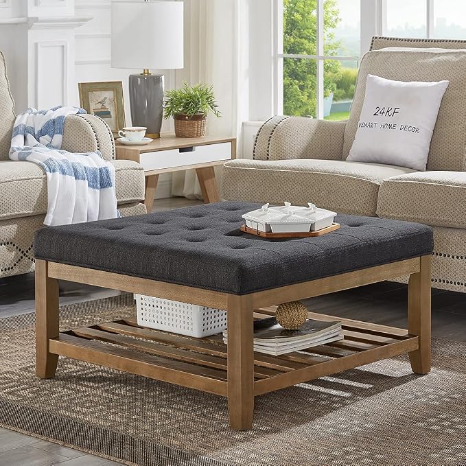 24KF Large Square Upholstered Tufted Linen Ottoman Coffee Table, Large Footrest Ottoman with Solid Wood Shelf- Charcoal