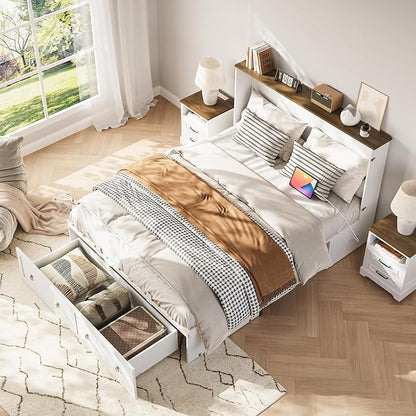 Yoobure Queen Murphy Bed with Charging Station - Rattan Queen Bed Frame with Storage Drawers, Wood Cabinet Beds for Guest Bedroom, Living Room, Office, Farmhouse Hideaway Beds with Foldable Platform