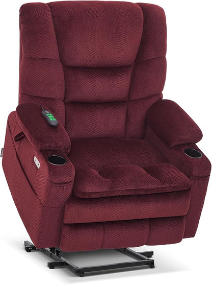 MCombo Big Man Power Lay Flat Lift Chair, Triple Motor Power Lift Recliner with Massage & Dual Heating, Adjustable Headrest, Fabric R7635 (Burgundy, Large-Wide)