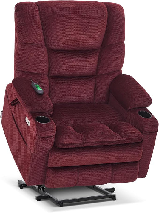 MCombo Big Man Power Lay Flat Lift Chair, Triple Motor Power Lift Recliner with Massage & Dual Heating, Adjustable Headrest, Fabric R7635 (Burgundy, Large-Wide)