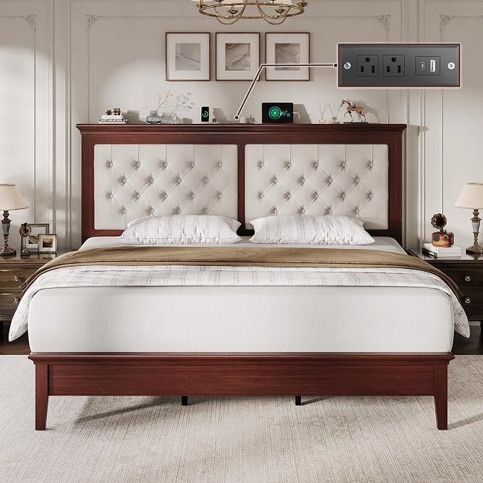 Lifezone Solid Wood King Bed Frame 46” Tall Diamond-Tufted Upholstered Headboard, American Classic Flat-Top Bed, Stable Structure, Wood Slats Support, Noise-Free, No Box Spring Needed,Reddish Brown