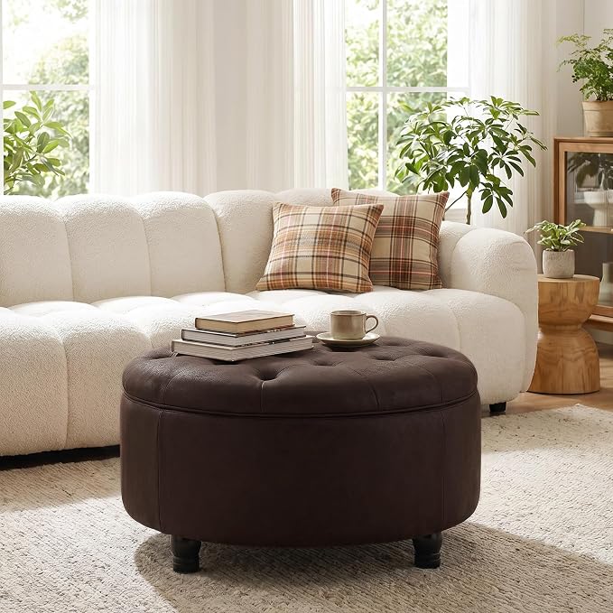 30-Inch Round Storage Ottoman, Button Tufted Ottoman Coffee Table with Removable Top for Living Room, Bedroom, Office (Dark Brown)