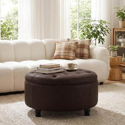 30-Inch Round Storage Ottoman, Button Tufted Ottoman Coffee Table with Removable Top for Living Room, Bedroom, Office (Dark Brown)