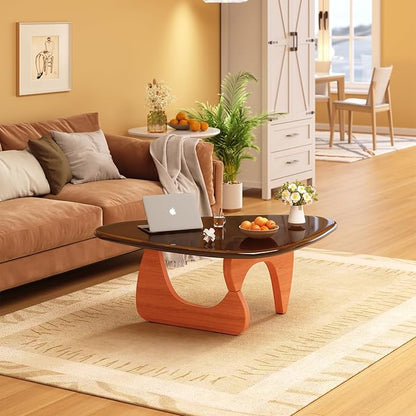 Coffee Table for Living Room Mid Century Modern Center Small Table with Glass Top and Wood, Walnut Brown(36 Inch)
