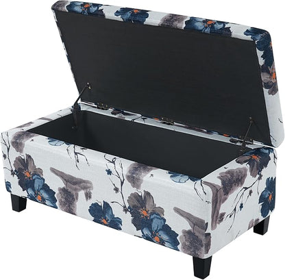 Christopher Knight Home Nesbit Living Room Ottoman with Storage, Entryway Fabric Upholstered Storage Ottoman Bench, Rectangular Sofa Foot Stool, Bedroom End of Bed Bench, Blue Flower+White