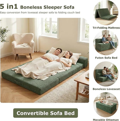 5-in-1 Convertible Sofa Bed Full Size, Boneless Couch Loveseat with Removable Cushions & Washable Cover, Futon Sofa Bed with Handle, Pull Out Couch for Small Spaces, Grey