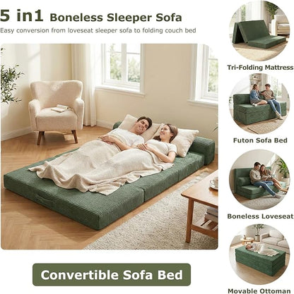 5-in-1 Convertible Sofa Bed, Boneless Couch Loveseat with Removable Cushions & Washable Cover, Futon Sofa Bed with Handle, Pull Out Couch for Small Spaces, Queen Size, Green