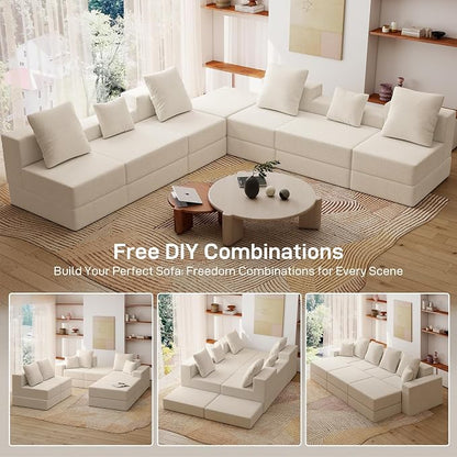 Living&Giving 128" U-Shaped Cloud Sectional Couch for Living Room, Cloud Boneless Couch-No Assembly with Reversible Chaise, Customizable 4-Seat Modular Sectional Sofa with 3 Ottoman, Beige