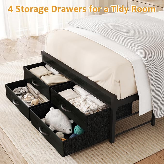 Zevemomo Twin Bed Frame with Drawers, Twin Metal Bed Frame with LED Light and Charging Station, Heavy Duty Metal Slats, No Box Spring Needed, Black