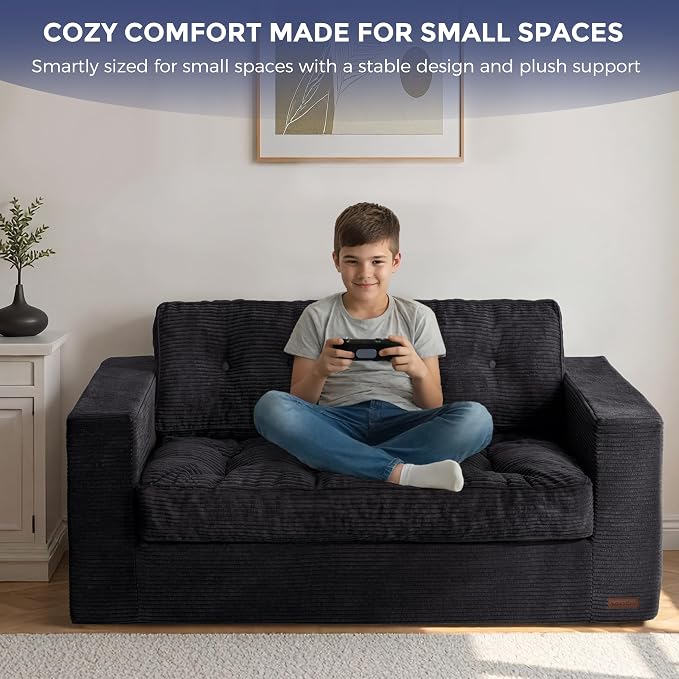 MAXYOYO Loveseat Sofa Couch, Upholstered Bean Bag Chair Cloud 2-Seat for Adults, Boneless Couch with Tufted Cushion & Pillows, Sofa in A Box, No Assembly Required, Black