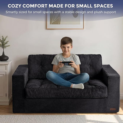 MAXYOYO Loveseat Sofa Couch, Upholstered Bean Bag Chair Cloud 2-Seat for Adults, Boneless Couch with Tufted Cushion & Pillows, Sofa in A Box, No Assembly Required, Black