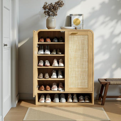 Evermagin 41" Tall Rattan Shoe Storage Cabinet, 24 Pairs Shoe Cabinet for Entryway, 5-Tier Boho Shoe Organizer with Doors for Hallway Living Room Closet, Natural Oak