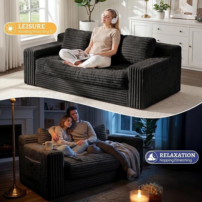 Boneless Couch, Cloud Loveseat Sofa Corduroy Couch in a Box, Upholstered Boneless 3 Seater Couch for Living Room Bedroom Office Apartment, No Assembly Required, Black