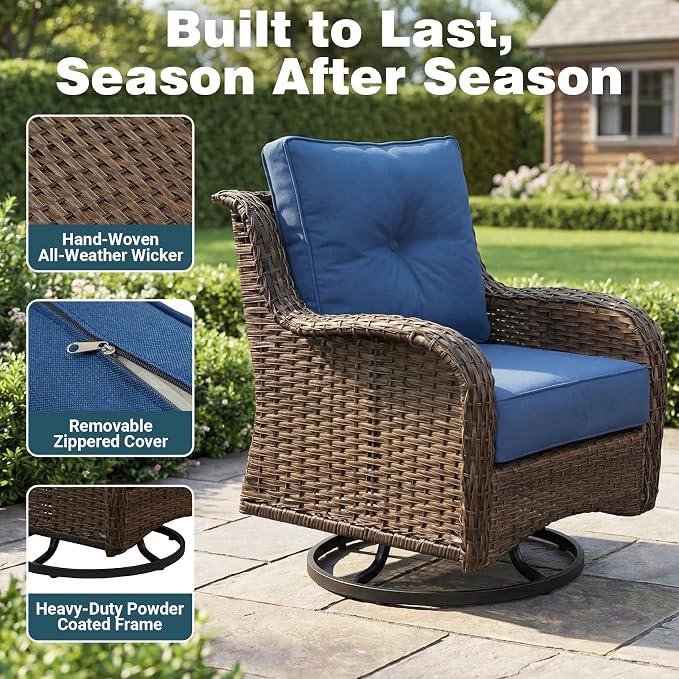 Patio Furniture Set, 5PCS Outdoor Wicker Conversation Set with 6" Thick Cushions, High Back Rattan Sofa & Swivel Rocker Chairs, Weather Resistant Olefin Fabric for Garden, Poolside, Navy Blue