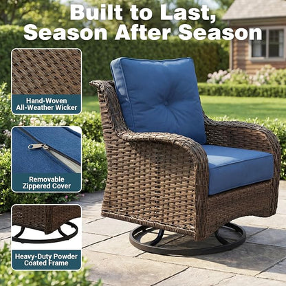 Patio Furniture Set, 5PCS Outdoor Wicker Conversation Set with 6" Thick Cushions, High Back Rattan Sofa & Swivel Rocker Chairs, Weather Resistant Olefin Fabric for Garden, Poolside, Navy Blue
