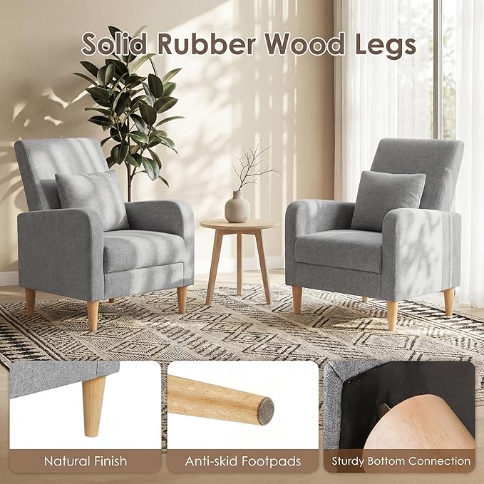 COLAMY Mid-Century Modern Upholstered Accent Chair with Back Pillow & Solid Wood Legs, Fabric Cozy Armchair for Living Room, Bedroom, Reading Nook, Apartment & Small Spaces, Lightgrey