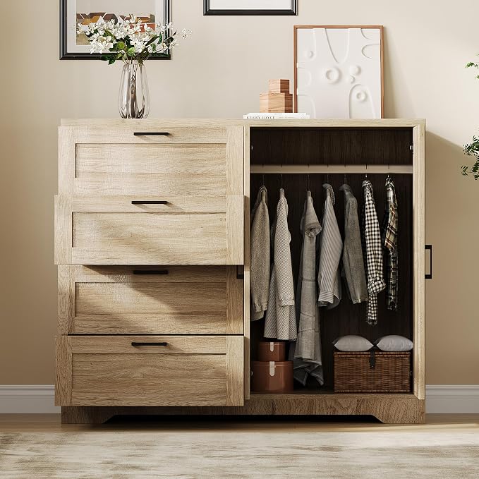 GarveeHome Multifunctional Wooden Dresser for Bedroom, 43.3 in H 2 Door Wardrobe Armoire Closet with 4 Drawers and Hanging Rod, Low Storage Cabinet for Hanging Cloth, Natural Oak