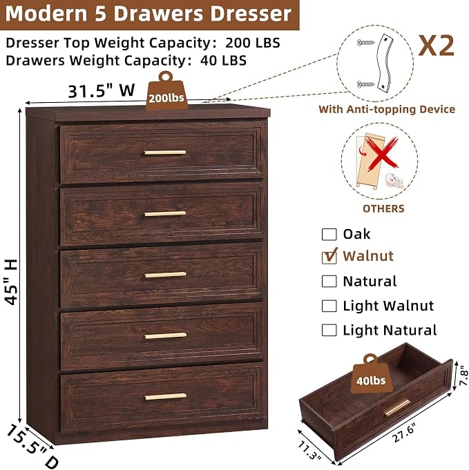 RWYHG Dresser for Bedroom with 5 Drawers 45" Tall Wood Closet Organizer with Metal Handle Furniture for Living Room Hallway Walnut