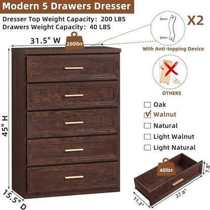 RWYHG Dresser for Bedroom with 5 Drawers 45" Tall Wood Closet Organizer with Metal Handle Furniture for Living Room Hallway Walnut