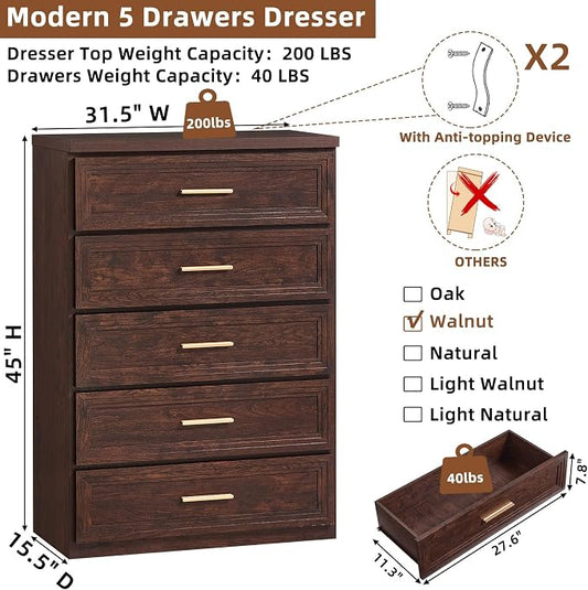 RWYHG Dresser Set for Bedroom with 5 Drawers 45" Tall Wood Closet Organizer with Metal Handle Furniture for Living Room Hallway Walnut