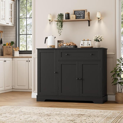HOSTACK Buffet Cabinet with Storage, Modern Sideboard Buffet with Doors, Wood Coffee Bar Kitchen Storage Cabinet with Drawer and Adjustable Shelf for Kitchen, Dining Room, Living Room, Black