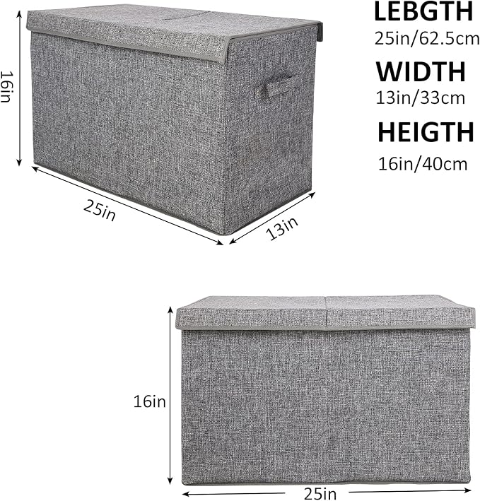 popoly Large Toy Box Storage with Lid, Collapsible Sturdy Toy Chest Storage Bin Box with Rivets Handles for Kids, Boys, Girls, Nursery, Playroom, Living Room, Bedroom, 25"x 13" x 16" (Linen Gray)