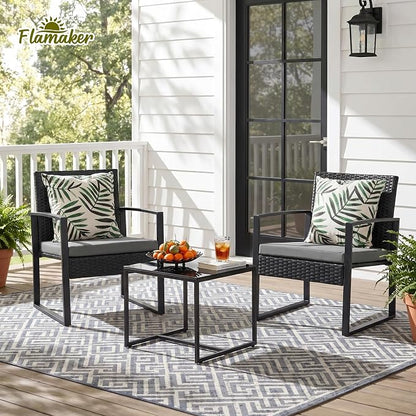 Flamaker 3 Pieces Patio Set Outdoor Wicker Furniture Modern Bistro Rattan Chair Conversation Sets with Coffee Table for Yard (Grey)